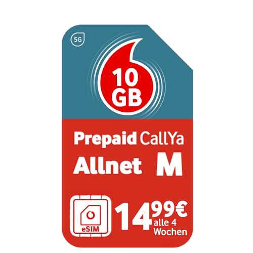 Vodafone Prepaid CallYa Allnet M eSIM Jetzt noch mehr GB - 10 GB statt 8 GB Datenvolumen 5G Netz SIM-Karte ohne Vertrag 1. Monat kostenlos Telefon- SMS-Flat