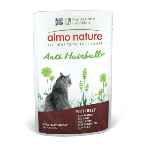 Almo Nature Functional - Anti Hairball - Nassfutter für Erwachsene und reife Katzen - mit Rind - Bekämpft die Bildung von Haarballen - 70 g Packung mit 30