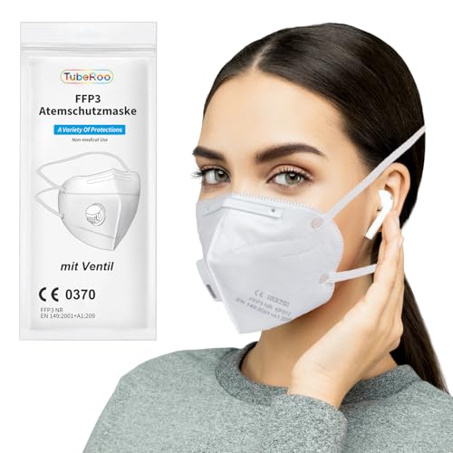 TubeRoo FFP3 Maske mit Ventil 10 Stück Masken Versand aus Deutschland Kopfband Atemschutzmaske mit Ausatemventil Staubmaske Feinstaubmaske Staubschutzmaske Atemschutz Feinstaub Mundschutz
