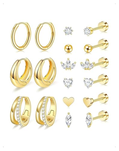 KONFEN 9 Paar Ohrstecker Set Edelstahl Damen Ohrring Stecker Schneeflocke Ahornblatt Zirkonia Mehrfach Piercing Dünne Chunky Helix Tragus Ohrknorpel Stapelbar Gold