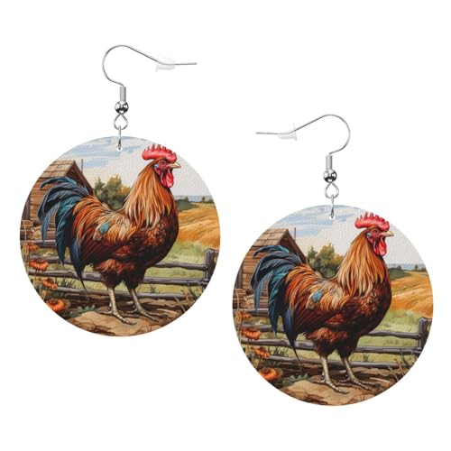 Hahn auf Holz in Farmland Druck Leder Ohrringe für Frauen - baumeln Creolen perfekt für Kostümpartys Mädchen Accessoires Einheitsgröße Leder