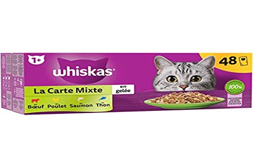 WHISKAS Mahlzeiten 48 Beutel Frische La Carte Unisex 4 Sorten Nassfutter für ausgewachsene Katzen in Gelee komplettes ausgewogenes Nassfutter geeignet für sterilisierte Katzen