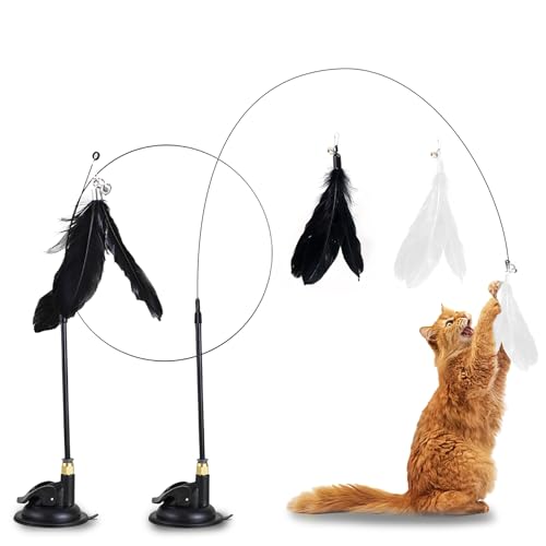 Eupneicu Katzen Spielzeug 2 Pcs Katzenangel Stabil Mit Saugnäpfen - Katzenspielzeug Angel Mit Federn Natürlich Interaktives Katzenspielzeug Für Katzen Intelligenz Spielzeug Mit Federn