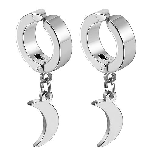 Flongo Creolen Ohrklemme mit Mond moon Anhänger gold Hoop Ohrringe Ohne Loch edelstahl Baumeln non-piercing ohrklipp ear clips klipp ohrklipser clip klein earrings für Damen Herren mädchen
