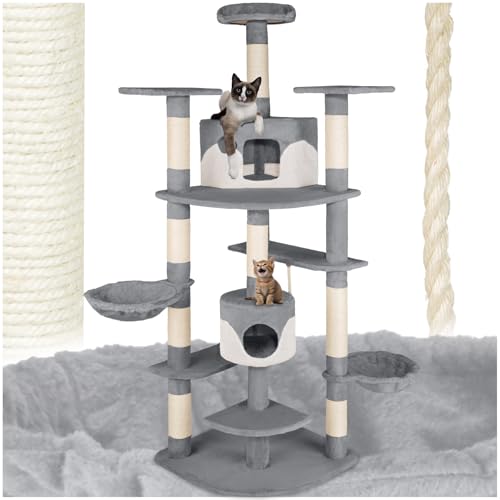 tectake Katzen Kratzbaum groß Katzenbaum mit Zubehör und Katzenspielzeug XXL Katzenkratzbaum mit 2X Katzenhaus Spielturm mit Kratzsäule Kratzstamm aus Sisal - grau weiß