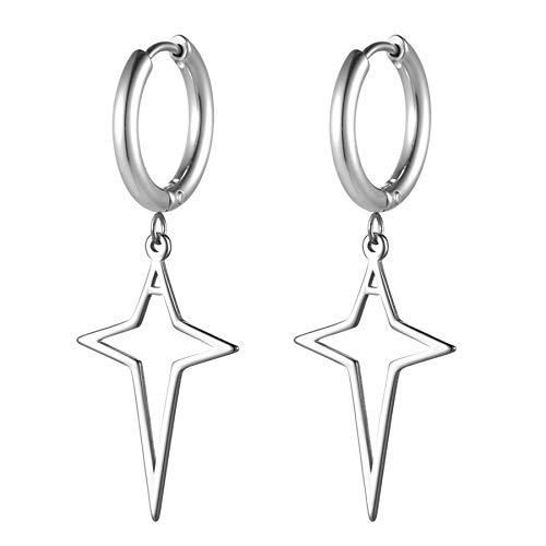 JewelryWe Schmuck Ohrringe Herren Creolen mit Hohlen Stern Kreuz Anhänger Edelstahl Ohrstecker Ohrhänger für Frauen Männer Silber