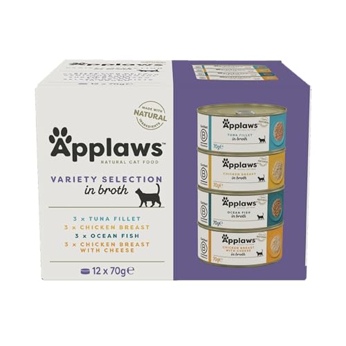 Applaws 100% natürliches Premium Nassfutter für in Brühe für ausgewachsene   Thunfisch Huhn Meeresfisch Gemischte Auswahl in Brühe   Packung 12x 70g Dosen