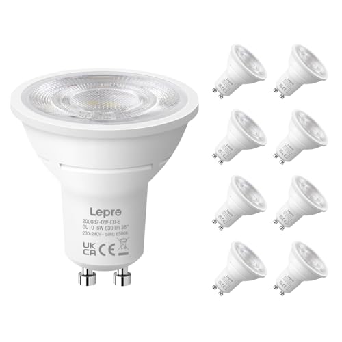 Lepro GU10 LED Kaltweiß 6W Lampe 6500K Tageslichtweiß 630 Lumen 38 Abstrahlwinkel Nicht dimmbar Reflektorlampe Energiesparendes GU10 LED Leuchtmittel für Büro Arbeitszimmer Flur 8 Stück