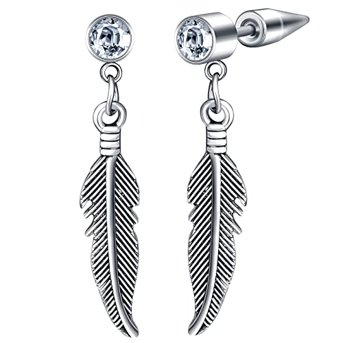 feilok Edelstahl Creolen Zirkon Ohrringe mit Anhänger Feder für Herren Damen Ohrringe Hängend Silber