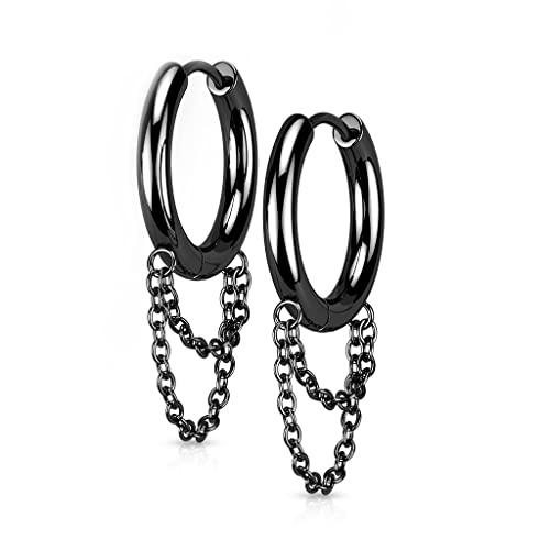 BlackAmazement 2er Set 316L Edelstahl Creolen Hinged Huggie 3mm Breite Dangle Doppelkette Kette Ohrring Piercing schwarz silber gold Gothic Biker Herren Damen Schwarz