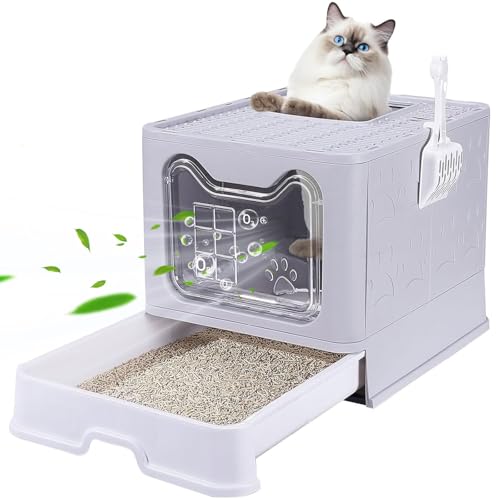 Katzenklo mit Deckel Katzentoilette Vollständig Geschlossene Katzentoilette XXL Schubladentyp Desodorierende Cat Litter Box Faltbare Katzenklo mit Schaufel offene Oberseite für Katzen verschiedener