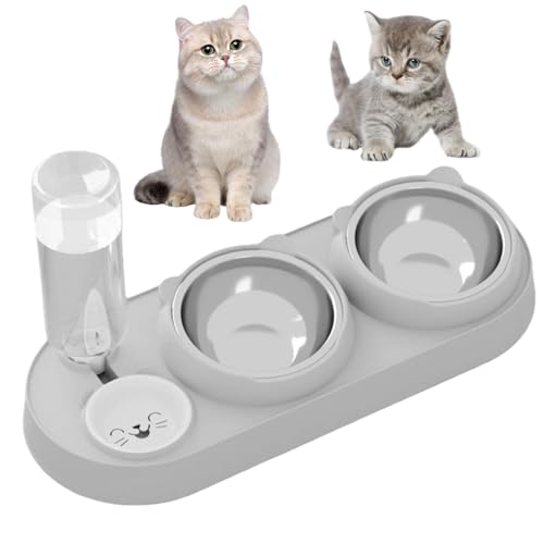 3-in-1 Katze Futternapf und Wassernapf Set Katzennapf aus Edelstahl mit Automatische Wasserspender 15 Neigbar Doppel-Katzennäpfe für Indoor-Katzen kleine oder mittelgroße Hunde
