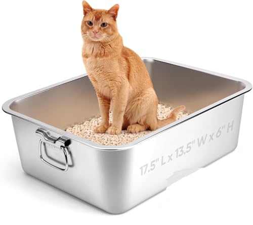 Edelstahl Katzenklo Geruchsfrei 50 35 15cm XL-Katzen Toilette Für Große Katzen bis 10kg Offenes Katzenklo für Einstieg von Oben modernes hop-in Katzen Klo ohne Deckel Katzen WC Wanne