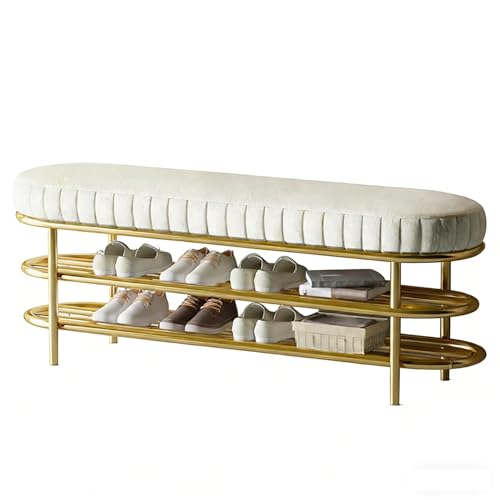 Lsoiup Schuhbank for den Eingangsbereich goldenes Schuhregal aus Metall mit Sitz schmale Flurbank mit Stauraum for das Wohnzimmer White L 120CM