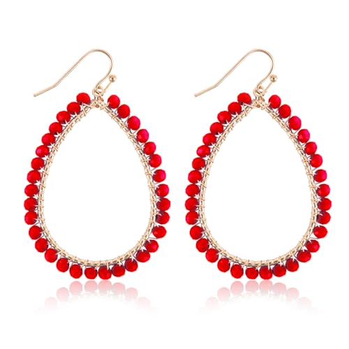 Creolen mit Perlen in Tropfenform Glitzernde Sommerohrringe aus Kristall Personalisierte Ohrringe mit Perlen Statement-Ohrringe Bohemian-Accessoires Geschenke für Damen Rot