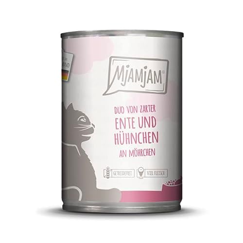 MjAMjAM - Premium Nassfutter für Katzen Duo aus zarter Ente und saftigem Huhn auf Karotten 1 Packung 1 x 400 g getreidefrei mit zusätzlichem Fleisch