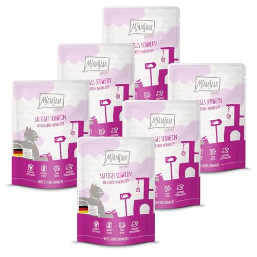MjAMjAM - Premium Nassfutter für Katzen - Quetschie - saftiges Schwein an leckeren Möhrchen 6er Pack 6 x 300g getreidefrei mit extra viel Fleisch