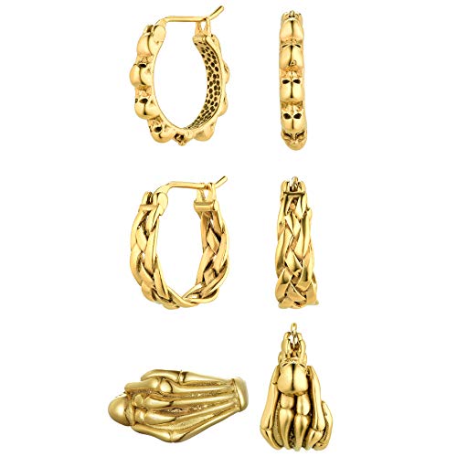 JewelryWe Halloween Creolen Ohrringe Gold 3 Paar Edelstahl Geflochten Totenkopf Schädel Skelett Hand Klappcreolen Huggie Ohrringe Set Gothic Punk Ohrstecker Ohrschmuck für Herren Damen Unisex