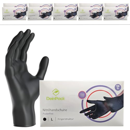 DeinPack 1000 Einweghandschuhe schwarz 10x100 Einmalhandschuhe L Nitril Handschuhe Nitrilhandschuhe puderfrei Gummi-Handschuhe Einweg Schutzhandschuhe Handschuhe Nitril in S M L XL