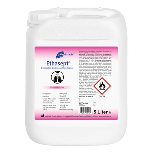 Meditrade Ethasept 5 Liter für Hand Hände Flächen Haut Schnelldesinfektion Ethanol 73 5% Empfohlen vom RKI
