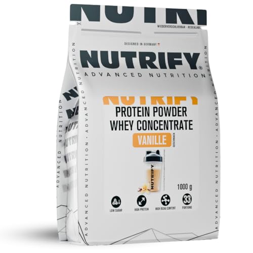 NUTRIFY Whey Protein Pulver Vanille Ideal für Muskelaufbau und Diät 23g Protein Portion Hervorragende Löslichkeit Zuckerarm Proteinkonzentrat Eiweißpulver Concentrate 33 Portionen 1kg