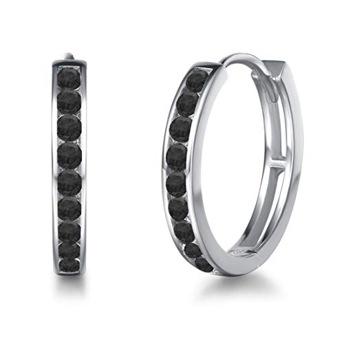 Creolen Ohrringe 925 Sterling Silber mit Zirkonia Sleeper Hoop Earrings Huggie Kreolen Ohrschmuck für Damen Durchmesser 18 mm - Schwarz