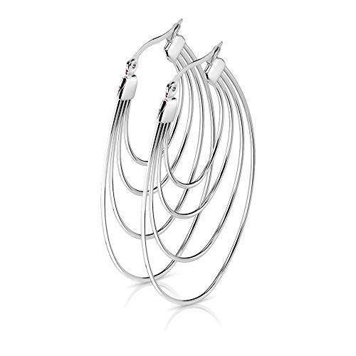 viva-adorno 1 Paar Edelstahl Creolen Damen Ohrringe Oval Rosegold Silber groß Klappcreolen Vierfach Bögen W1a Silber