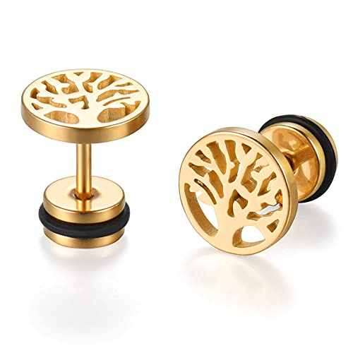 Cupimatch Damen Herren Ohrringe Edelstahl Holz Lebensbaum Creolen Ohrstecker Set für Frauen Männer Gold