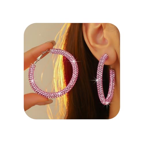 Yamobi Große Creolen mit Strass Pink Sparkling Hoop Earrings Große Ohrringe Statement Jewelry Modeschmuck Creolen für Frauen Strass-Ohrringe für Feste