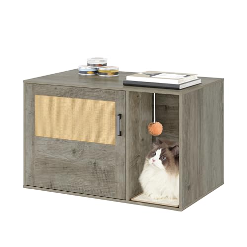 Hzuaneri Katzenschrank mit Rattan Tür Versteckte Katzentoilette Boho Stil Holz Haustier Haus Katzenstreu Speicher Schrank Sitzbank 50 x 80 x 50 cm Greige CB05605X