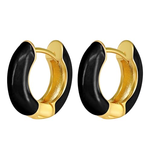 Flongo Creolen Emaille Damen Ohrringe Chunky Ohrstecker Gold schwarz zweifarbig silber 925 Edelstahl rund Hoop Huggie earrings hypoallergen glänzend Klappcreolen klein geschenk Frauen Mädchen