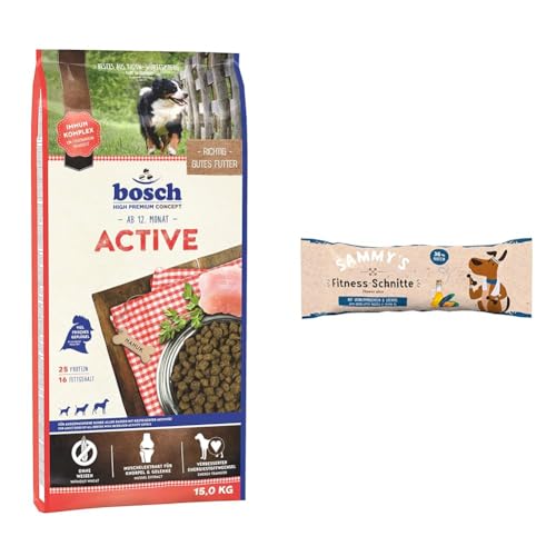 Bundle Bosch HPC Active Hundetrockenfutter für ausgewachsene Hunde mit gesteigerter Aktivität 1 x 15 kg SammyFitness-Schnitte mit Grünlippmuscheln Lachsöl Proteinriegel to go 20 x 25 g