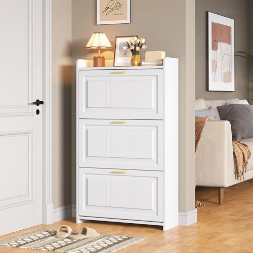 Merax Schuhschrank Schmal mit 3 Klappen Schuhkipper Schuhregal Schuhaufbewahrung Offenes oberes Regal für 12-18 Paar Schuhe Anti-Kipp-Vorrichtung für Flur Eingangsbereich 70x24x120cm Weiß