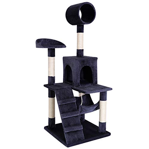 lionto Kratzbaum für Katzen mit Hängematte Tunnel Höhe 133 cm Katzenbaum mit Sisalseil weichem Plüsch gemütliche Liegeflächen Höhlen für kleine große Katzen geeignet dunkelgrau