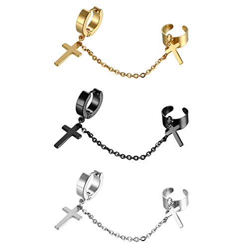 Kreuz Ohrringe Set Ohrhänger Kette - 3 Paar Edelstahl Creolen mit Ohrklemme Ohrclips Ohr Piercing für Herren Damen Schwarz Gold Silber
