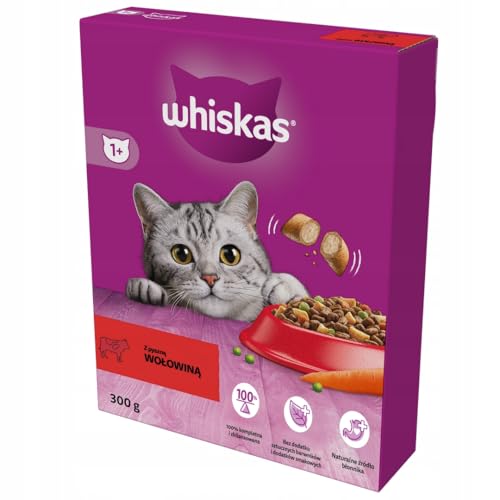 Whiskas Adult 1 Katzentrockenfutter für Erwachsene Katzen mit Rind 2 x 300 g im Karton