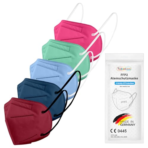 TubeRoo FFP2 Maske Bunt Farbig Set Farbenfroh 5 Farben 5 Stück Masken aus Deutschland Made in Germany Atemschutzmaske Mundschutz Schutzmaske Staubmaske Feinstaubmaske