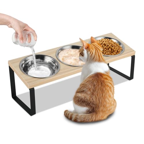 Katzennäpfe Erhöht 3er Set Katzen Futternapf mit 15 Gekippte Holz Ständer Ergonomischer Futterstation Katze mit Edelstahl Näpfe für Wasser Futter Hundenapf Erhöht für Katzen und Kleine Hunde