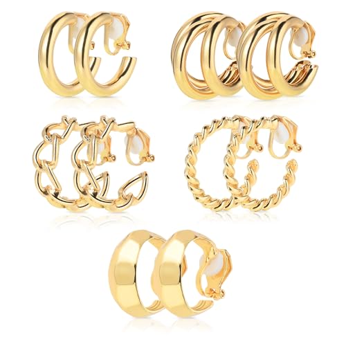 TIESOME 5 Paar Gold Ohrclips für Damen Kein Ohrlöcher Vergoldet Clip Ohrringe Gold Chunky Creolen Set Twist Knot Clip on Ohrringe Fake Ohrringe Set Modeschmuck Geschenk Hypoallergen Stil 1