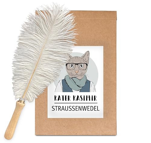 Federwedel echter Straußenfeder   In Deutschland von Hand und Liebe gefertigtes nachhaltiges Katzenspielzeug. Holzgriff aus Buche und echter Naturfeder Katzenangel