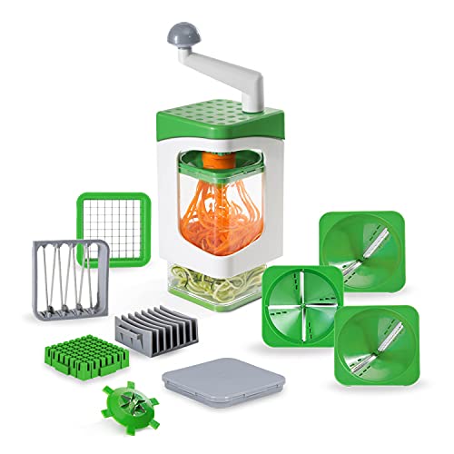 Genius Nicer Dicer Julietti Spiralschneider 13-tlg - Zoodle Maker Würfelschneider in einem Set für Spiralen und Würfel enthält 7 Schneideinsätze Auffangbehälter 1200ml Grün