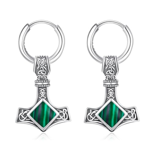 ZIPPICE Thors Hammer Creolen 925 Sterling Silber Wikinger Ohrringe Mjölnir Herren Keltisches Hängend Ohrringe Malachit Schmuck Geschenk für Sohn Damen Männer Teenager