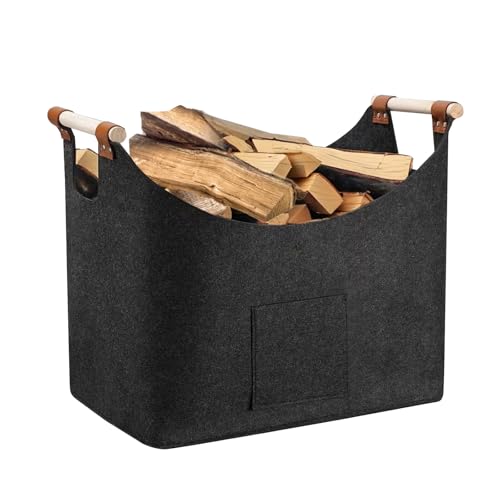 Dyaucwpo Holzkorb für Kaminholz Kaminholzkorb mit Verstärktem Holzgriff Faltbarer Holzkorb Filztasche 60L Holztasche aus Filz Extra Dicker Filztasche für Brennholz Holz Zeitungen 44X31X40cm