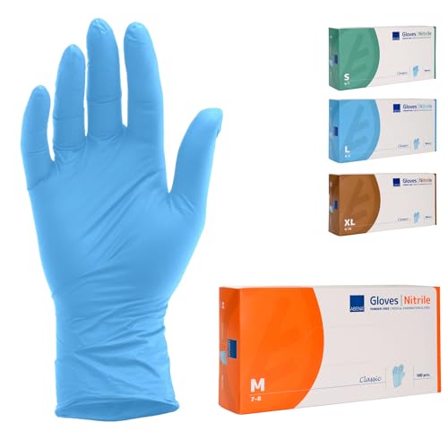 ABENA Nitril Einweghandschuhe 100 Stück Pack Größe M BLAU Lebensmittelecht Reißfest Latexfrei Puderfrei Hygienische Handschuhe für Reinigungsarbeiten Schönheitssalon Tattoo und Zuhause