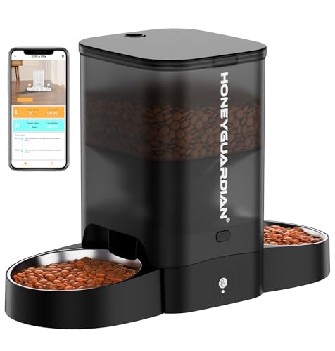 HoneyGuaridan Futterautomat Katze 2 Näpfe Bewegungssensor 5G 2.4G WiFi Intelligenter Katzen Futterautomaten für Fernfütterung 3.5L