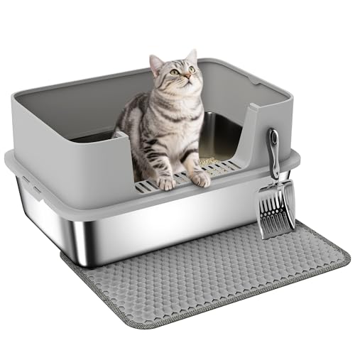 PawHut Katzentoilette Edelstahl Offene Katzenklo ohne Deckel Katzentoilette mit Schaufel hohem Rand Matte XXL Cat Litter Box für große Katzen bis 7 kg 60 2 x 40 2 x 29 5 cm Grau