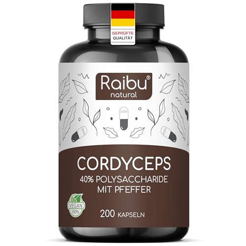 Raibu Cordyceps Kapseln - 200 Kapseln - 21000 mg Pilz-Extrakt pro Tagesdosis 10 1 - 40% Polysaccharide - Cordyceps Sinensis mit schwarzem Pfeffer