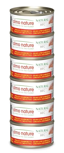 Almo Nature HFC Natural - Nassfutter für ausgewachsene Katzen - Huhn Garnelen - Human Grade Glutenfrei - 6 x 70g