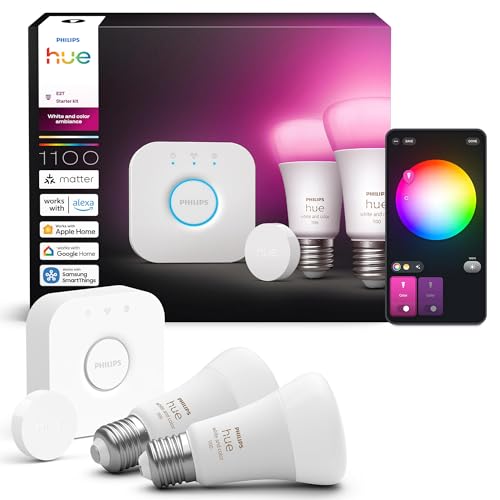Philips Hue Starter Kit Bridge 3x E27 Smarte LED Lampen Smart Button Dimmer White and Color Ambiance Funktioniert mit Apple Home Amazon Alexa Google Assistant Samsung SmartThings