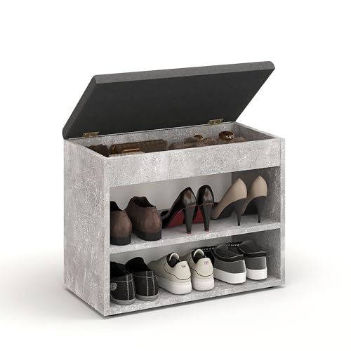 KOMTO Schuhbank mit Sitzfläche - Schuhregal Bank mit Stauraum Beton 60 x 48 x 32 cm Kleiner Schuhschrank mit Sitzbank Flur Bank Garderobenbank Sofia Beton Polster Grau